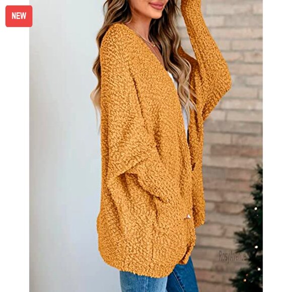 Oversized Chunky Popcorn Cardigan Batwing Sleeve Open Front Cozy Knit Sweater - Picture 5 of 7